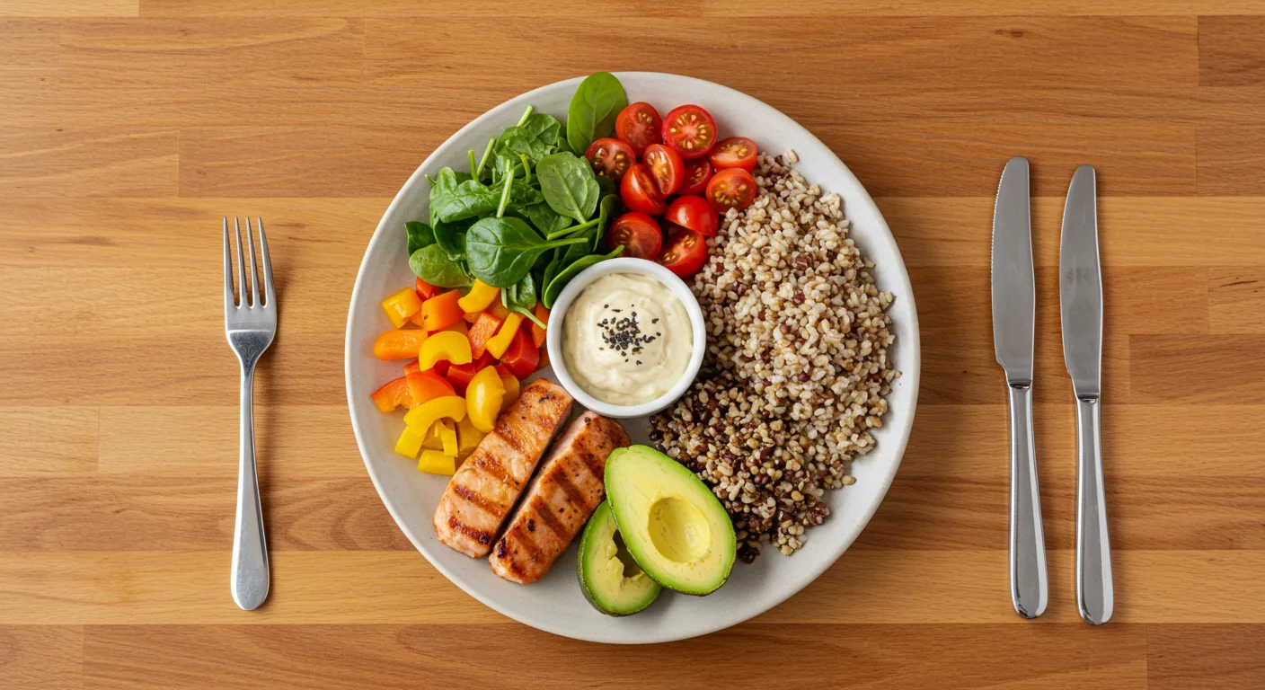 Mesa com alimentos saudáveis e balança, representando escolhas conscientes para emagrecimento sem remédios para emagrecer riscos, com acompanhamento nutricional profissional