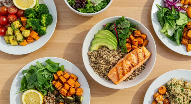 Ingredientes naturais e alimentos integrais organizados em mesa de madeira representando saúde metabólica emagrecimento com vegetais coloridos, grãos integrais e proteínas magras em composição equilibrada