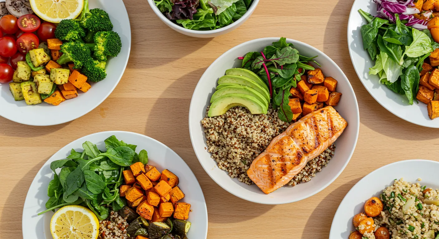 Ingredientes naturais e alimentos integrais organizados em mesa de madeira representando saúde metabólica emagrecimento com vegetais coloridos, grãos integrais e proteínas magras em composição equilibrada