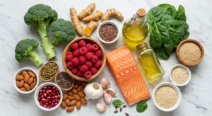 Mesa com alimentos frescos antiinflamatórios para dieta prevenção câncer incluindo brócolis, tomate, frutas vermelhas, azeite de oliva, peixes e vegetais coloridos