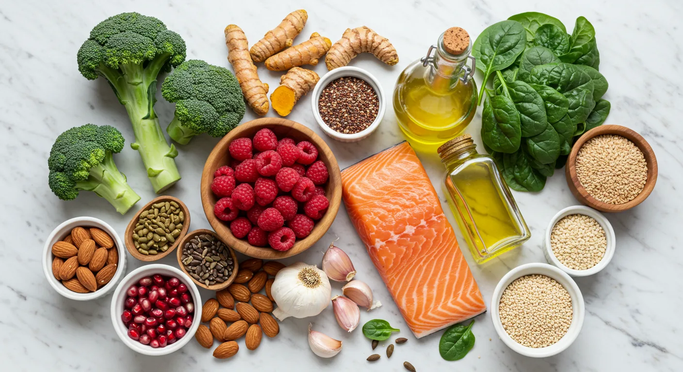 Mesa com alimentos frescos antiinflamatórios para dieta prevenção câncer incluindo brócolis, tomate, frutas vermelhas, azeite de oliva, peixes e vegetais coloridos
