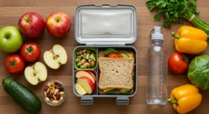 Lancheira escolar aberta com frutas frescas, sanduíche natural e garrafa de água, ilustrando os melhores alimentos para evitar erros lancheira escolar comuns na alimentação infantil