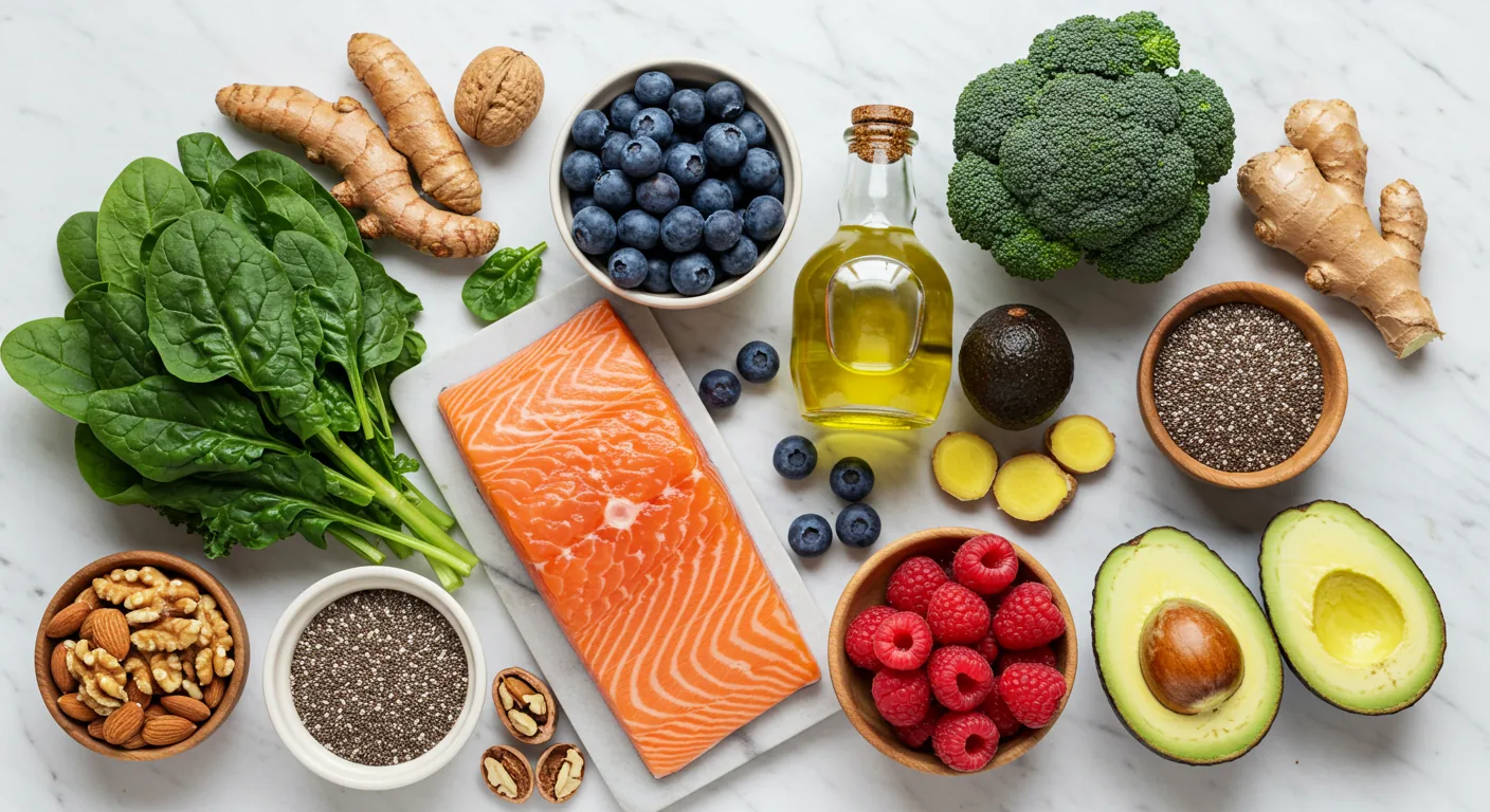Composição de alimentos anti-inflamatórios frescos para tratamento lipedema sem medicamento nutrição incluindo vegetais verdes folhosos salmão abacate frutas vermelhas azeite e oleaginosas sobre bancada de madeira clara