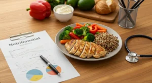 Consulta de nutricionista acompanhamento mounjaro com paciente, mostrando prato balanceado com proteínas, vegetais e carboidratos complexos sobre mesa de consultório