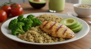 Prato balanceado com peito de frango grelhado, quinoa, brócolis e abacate, representando alimentação adequada para quem busca nutricionista para quem usa Ozempic e proteção da massa muscular