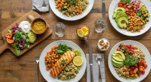 Mesa de café da manhã com receitas saudáveis para o dia dos pais, incluindo frutas frescas, ovos mexidos, pão integral e suco natural em ambiente acolhedor