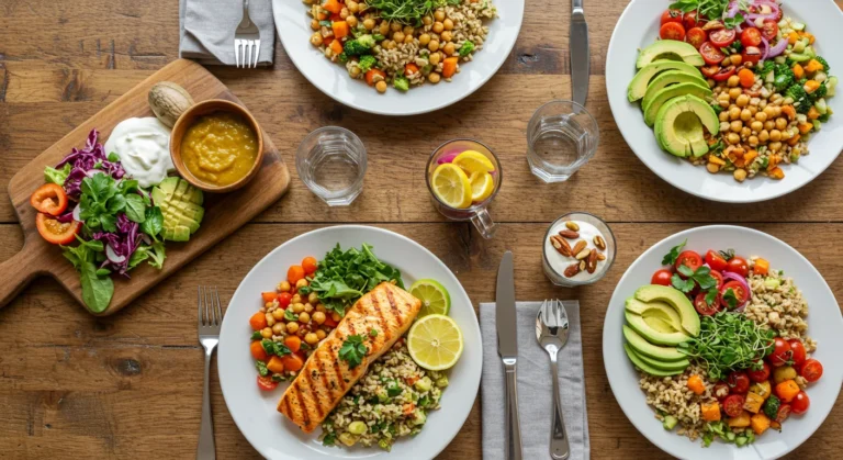 Mesa de café da manhã com receitas saudáveis para o dia dos pais, incluindo frutas frescas, ovos mexidos, pão integral e suco natural em ambiente acolhedor