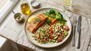 Prato colorido com legumes, grãos integrais e proteína magra representando um cardápio diabetes gestacional equilibrado