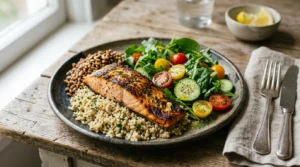 Prato colorido com vegetais, grãos integrais e peixe representando dieta para diabetes gestacional baseada nos padrões DASH e Mediterrânea