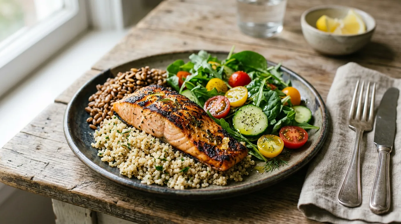 Prato colorido com vegetais, grãos integrais e peixe representando dieta para diabetes gestacional baseada nos padrões DASH e Mediterrânea
