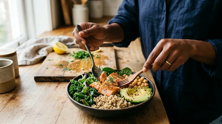Mulher preparando prato colorido de vegetais e grãos, representando alimentação para PMOS síndrome ovários poliendócrinos metabólicos