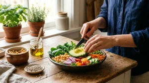 Mulher preparando prato colorido com vegetais e leguminosas, representando a nutrição pré-concepcional para quem planeja engravidar