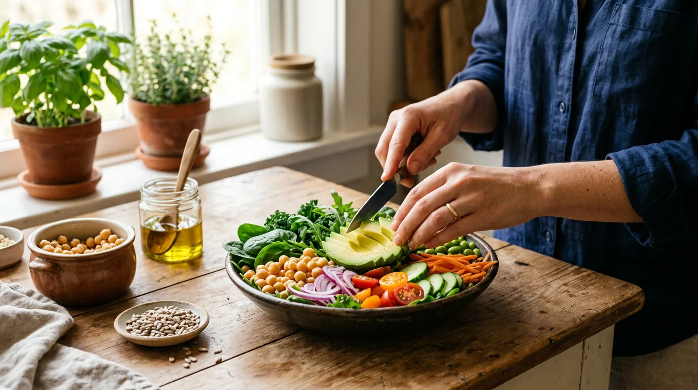 Mulher preparando prato colorido com vegetais e leguminosas, representando a nutrição pré-concepcional para quem planeja engravidar